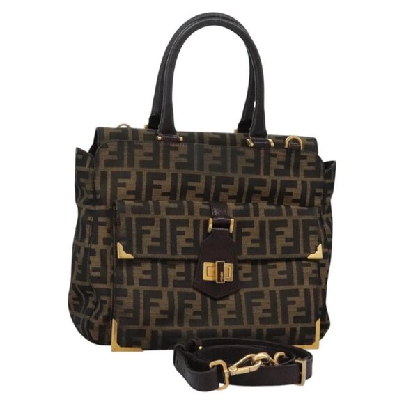 FENDI Zucca Canvas Hand Bag 2way Black Brown Auth 120380 - Picture 1 of 16